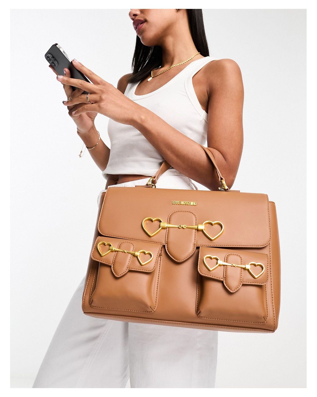 Borsa a cartella color cuoio con dettagli a cuore di Love Moschino in Marrone Lyst