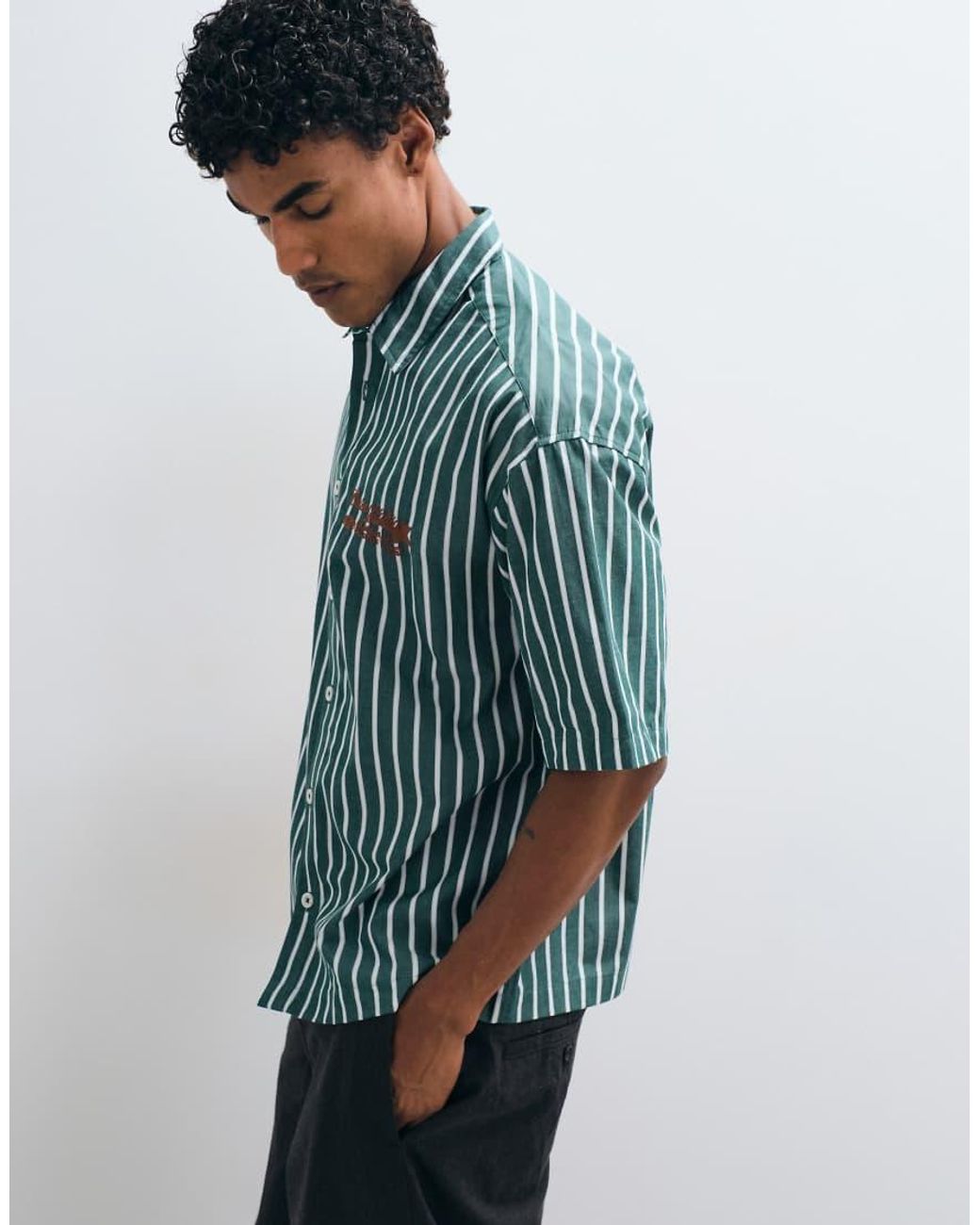 ASOS Green Boxy Oversized Stripe Shirt With Chest Embroidery for men