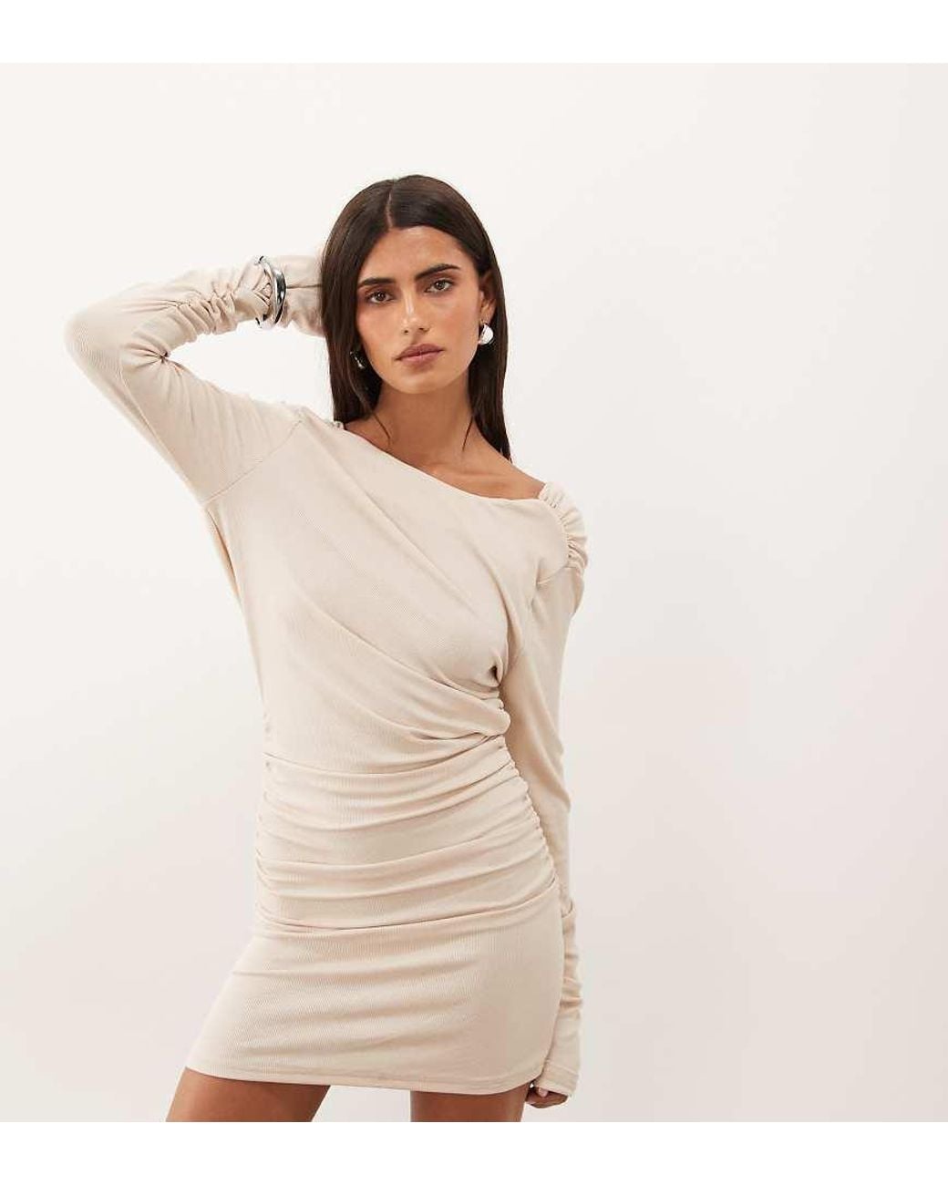 SNDY'S Natural Drape Cowl Back Ruched Waist Mini Dress