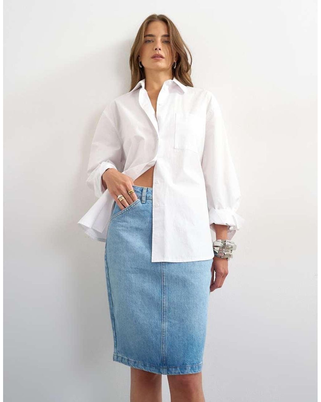 TOPSHOP White Denim 90S Midi Skirt