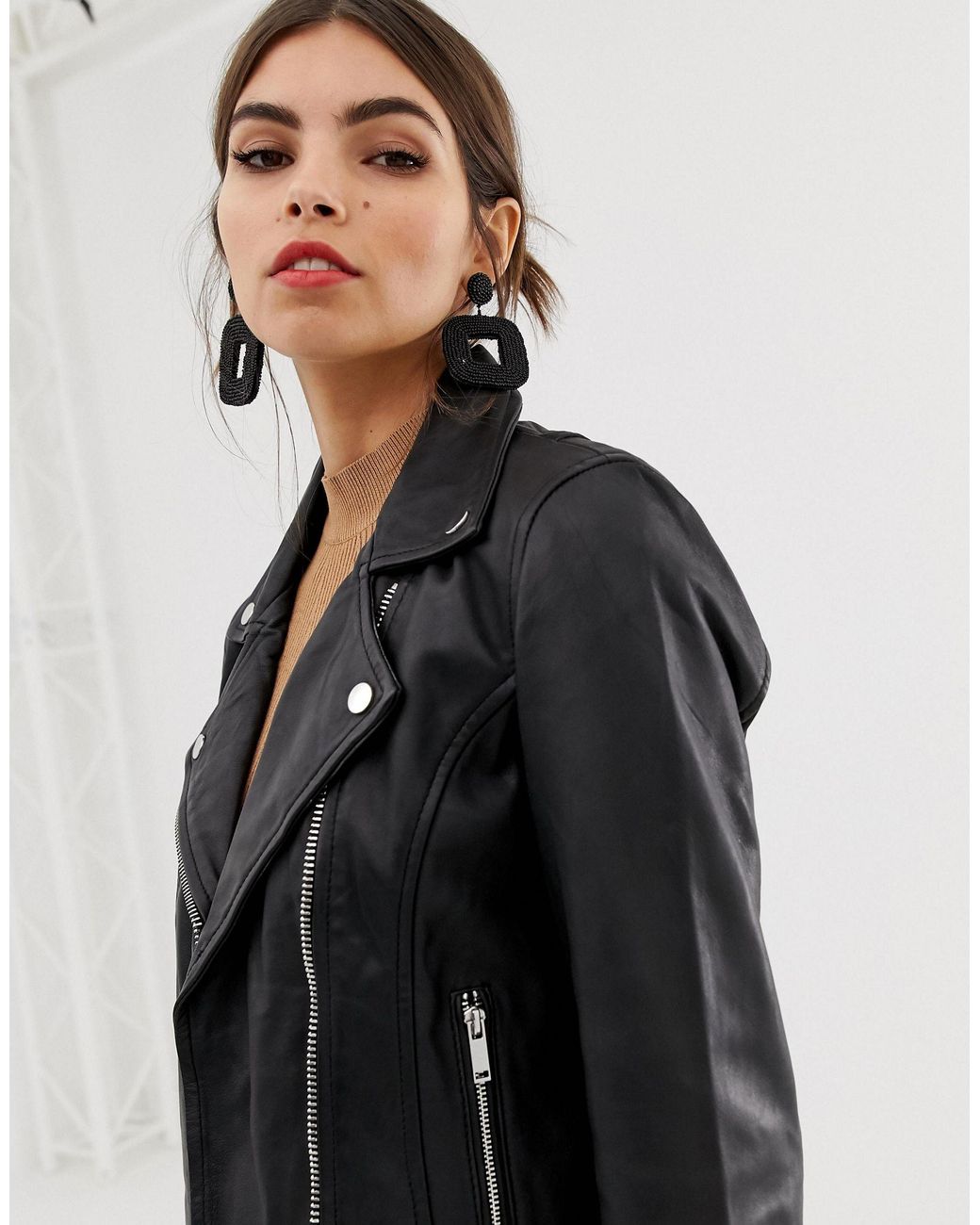 Stradivarius Real Leather Biker Jacket in Black Lyst