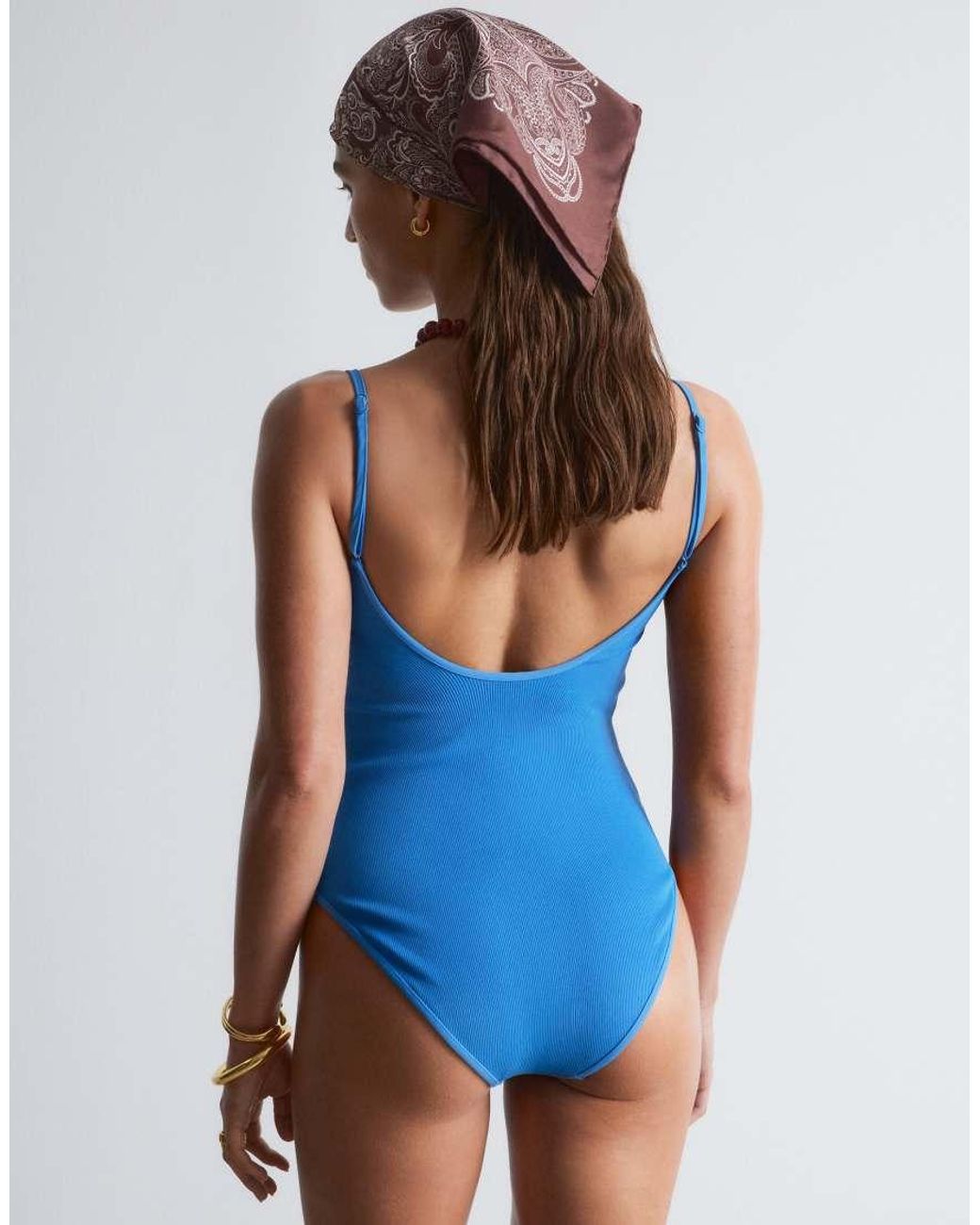 & Other Stories Blue Square Neck High Leg Ribbed Swimsuit