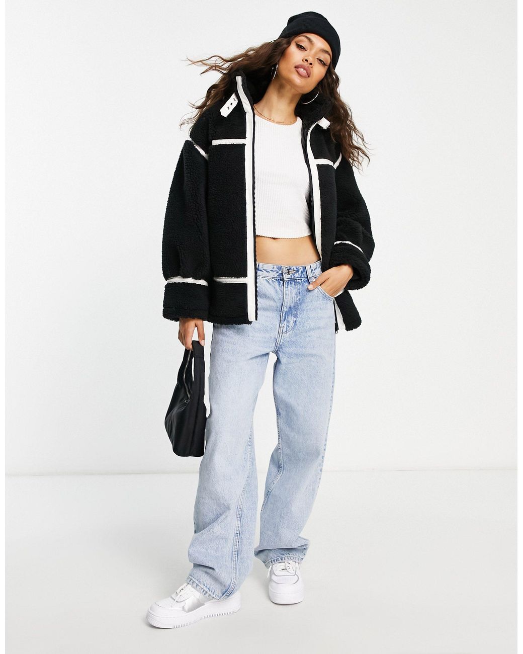 Miss Selfridge Petite Faux Fur Aviator Oversized Coat in Black Lyst