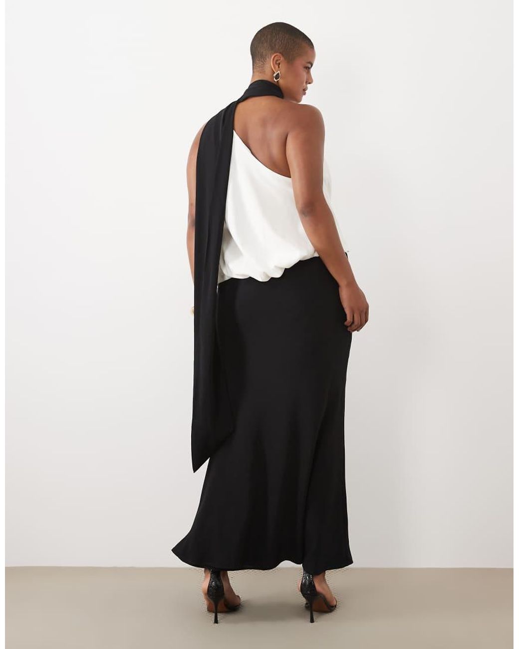ASOS Black Asos Design Curve One Shoulder With Tie Neck Maxi Dress