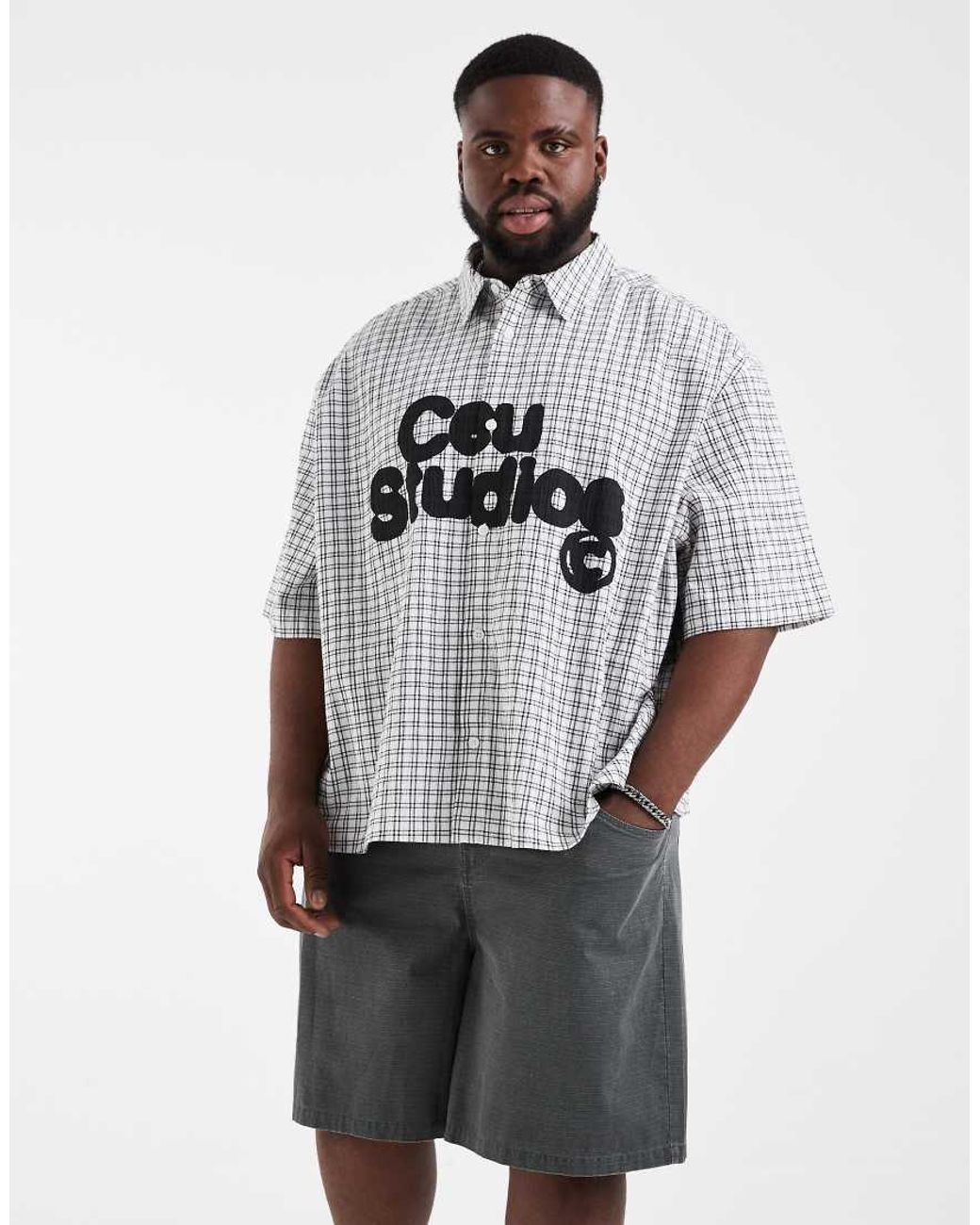 ASOS White Boxy Oversized Check Shirt With Chest Print for men