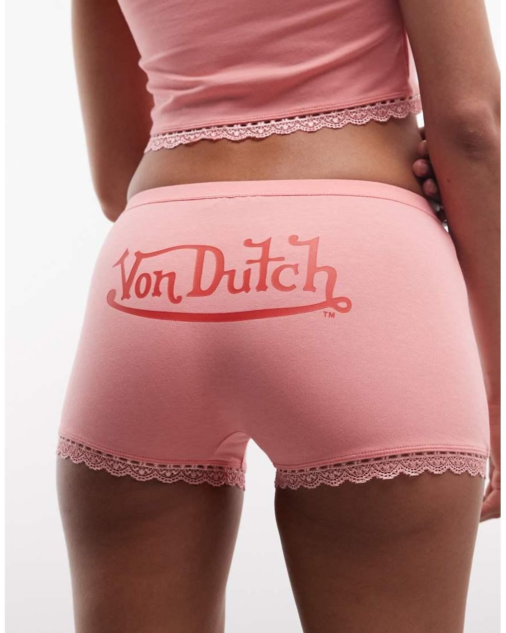 Von Dutch Pink Low Rise Micro Mini Shorts With Lace Edging