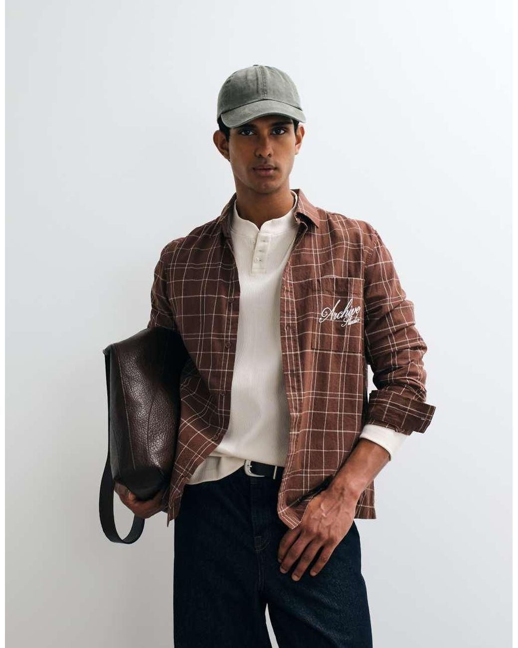 ASOS Brown Regular Fit Check Shirt With Chest Embroidery for men