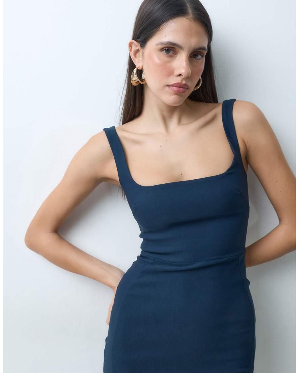 Vesper Blue Bengaline Sleeveless Square Neck Fishtail Midi Dress