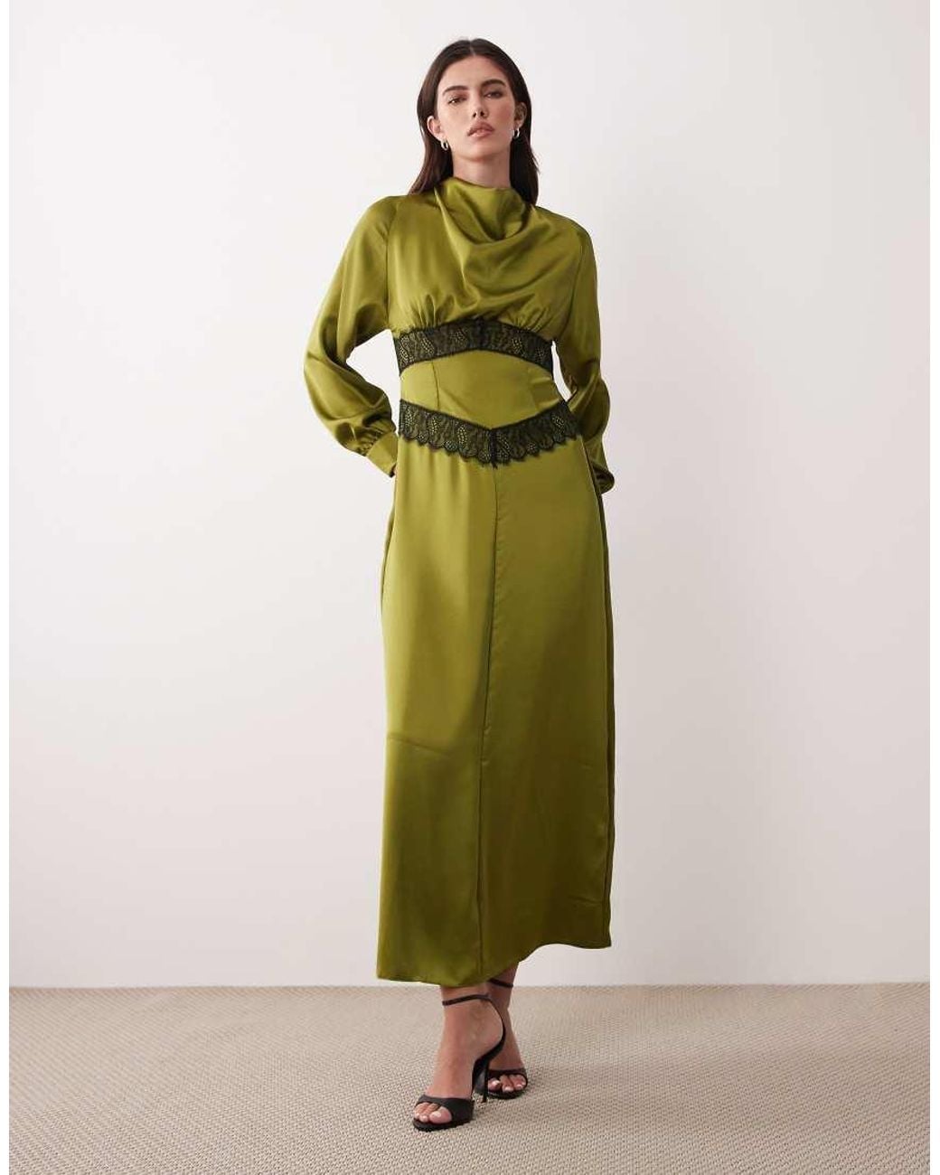 ASOS Green Satin High Neck Lace Detail Maxi Dress