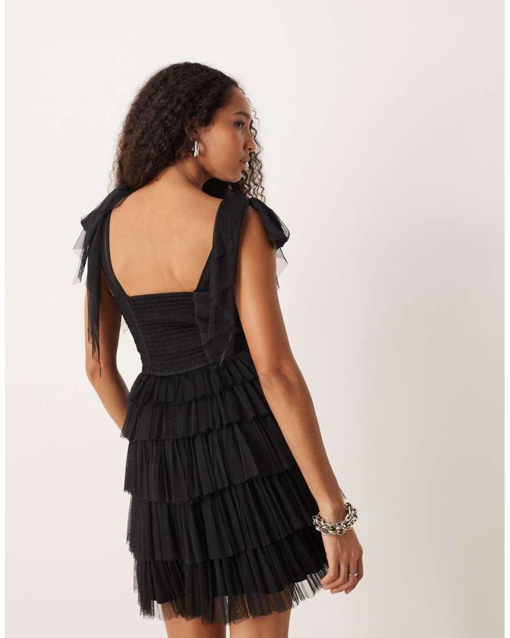 LACE & BEADS Black Bow Shoulder Tulle Ruffle Mini Dress