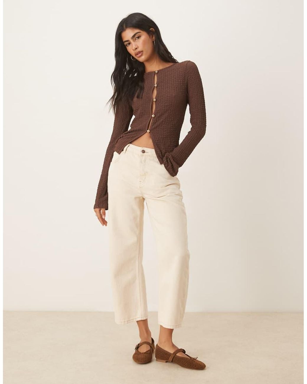 ASOS Brown Textured Long Sleeve Button Detail Top