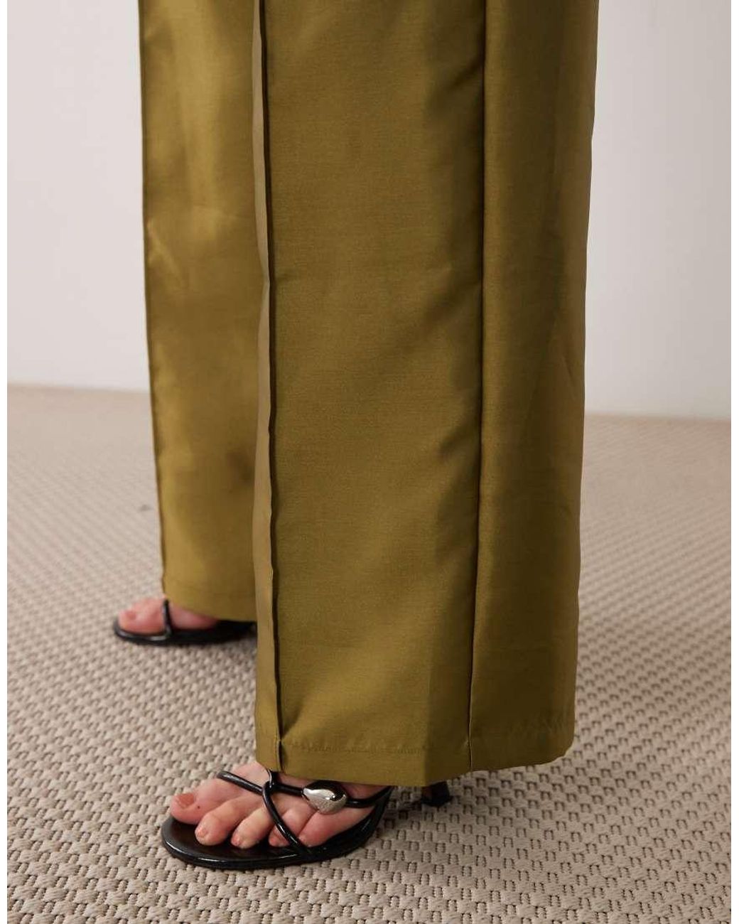 Vila Green Wide Leg Seam Detail Satin Trousers