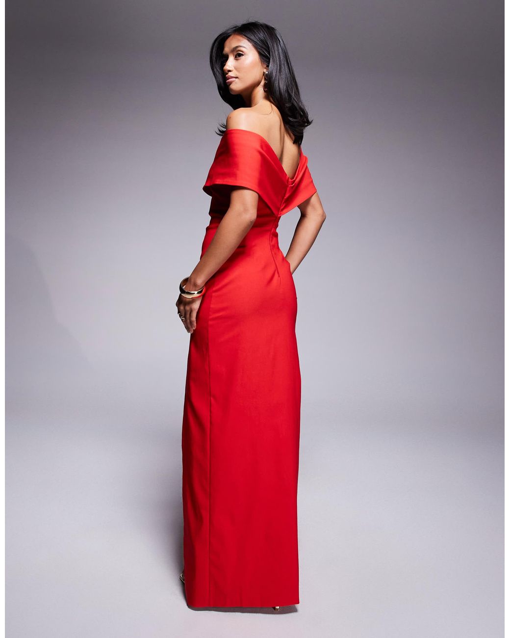 Vesper Petite Red – schulterfreies bengaline-midikleid