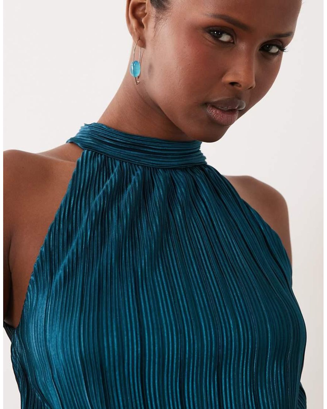 ASOS Blue Co-Ord Plisse Cropped Bubble Halter Neck Top