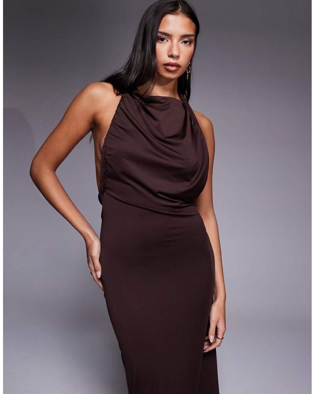 Aria Cove Purple Double Layered Slinky Asymmetric Halterneck Low Twist Back Dress Maxi Dress