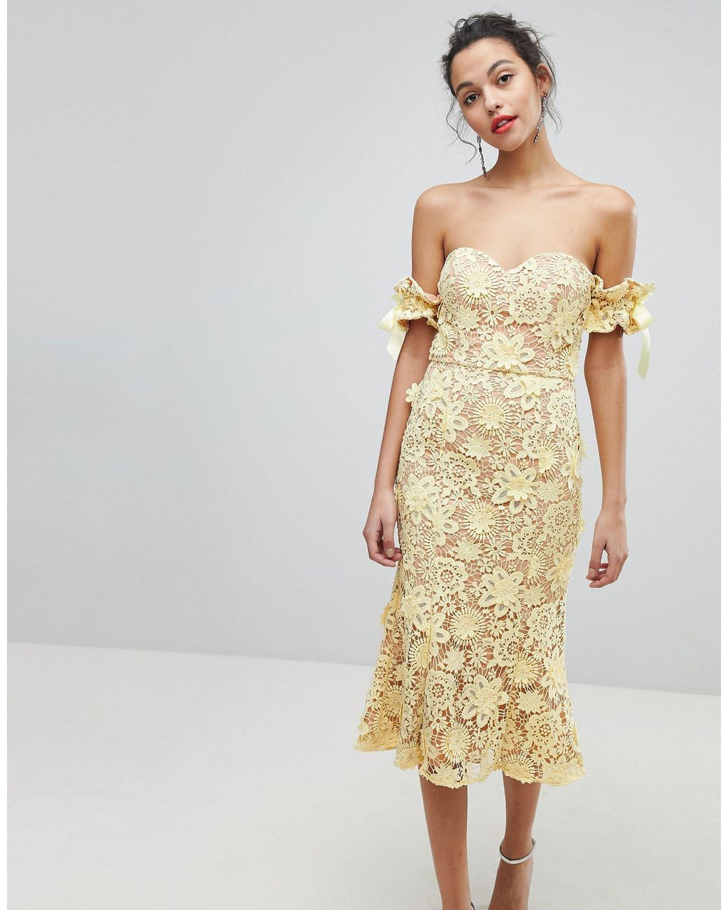 Jarlo All Over Cutwork Lace Bardot Midi Dress With Tie Sleeve Detail in  Yellow | Lyst Australia