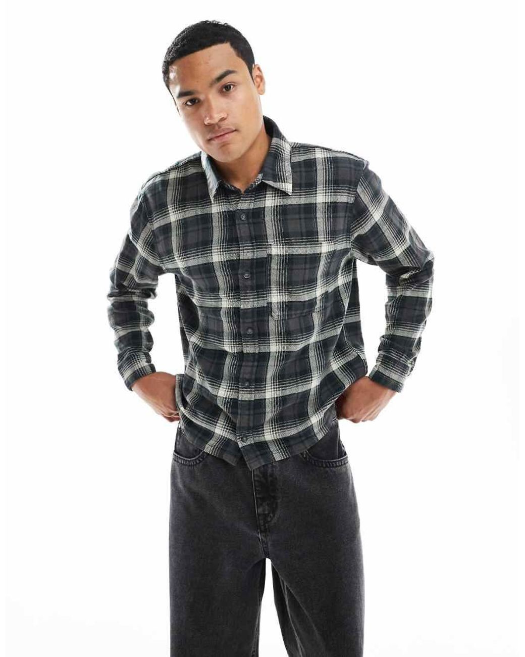 Hollister Black Long Sleeve Plaid Flannel Shirt for men