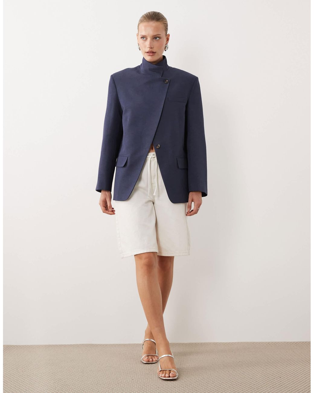 ASOS Funnel Neck Wrap Blazer In Blue Lyst ASOS Funnel Neck Wrap Blazer In Blue Lyst