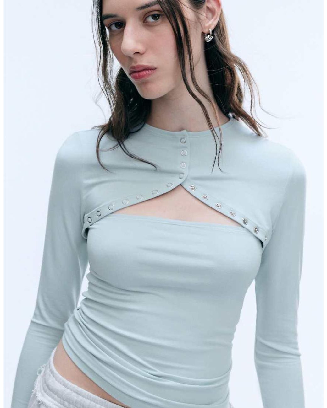 Weekday Blue Long Sleeve Bolero Top With Snap Button Detail