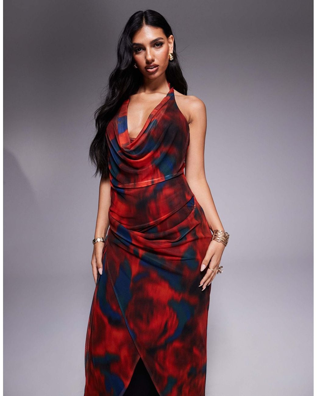 ASOS Red Mesh Plunge Halter Midi Dress With Wrap Skirt