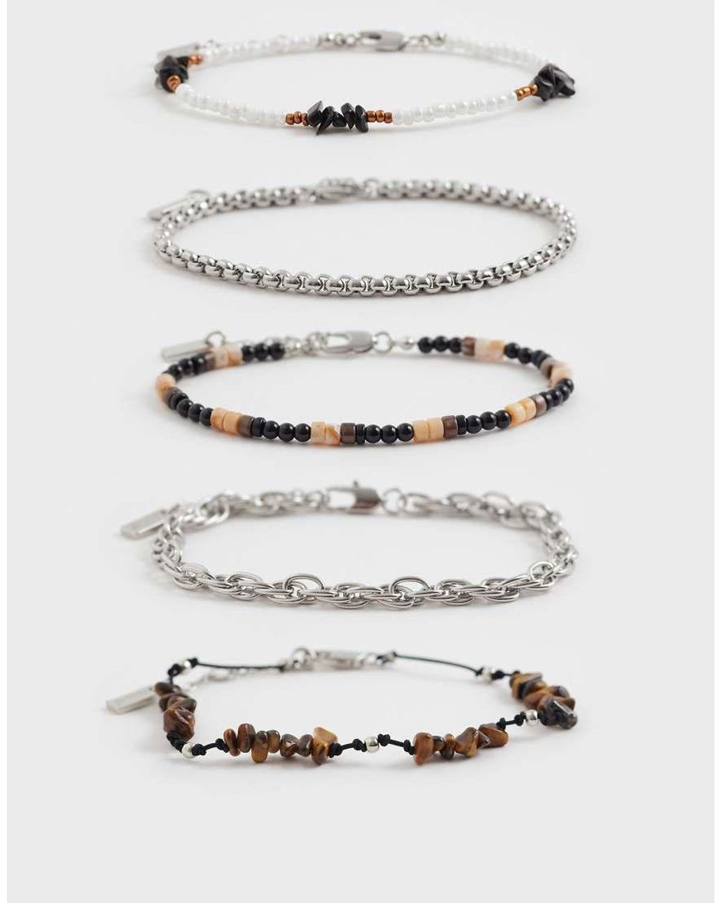 ASOS White 5 Pack Semi-Precious Tigers Eye And Obsidian Chippings And Seedbead Bracelet for men