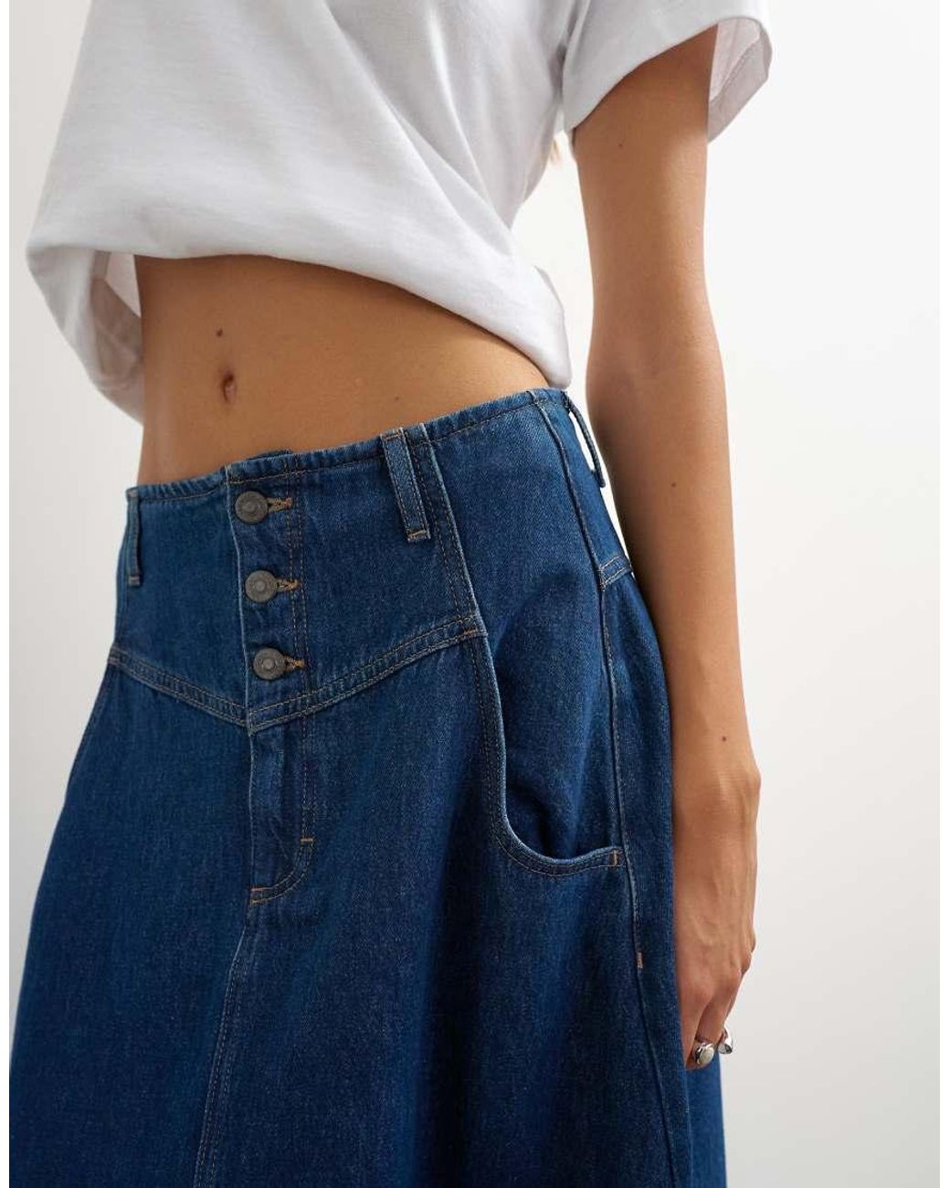 TOPSHOP Blue Button Front Barrel Maxi Skirt