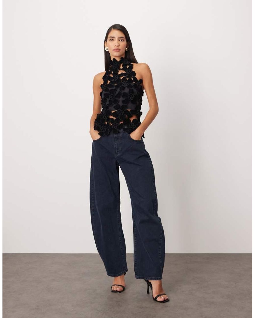 ARRANGE Black Embroidered Velvet Quilted Cut Work Halterneck Top