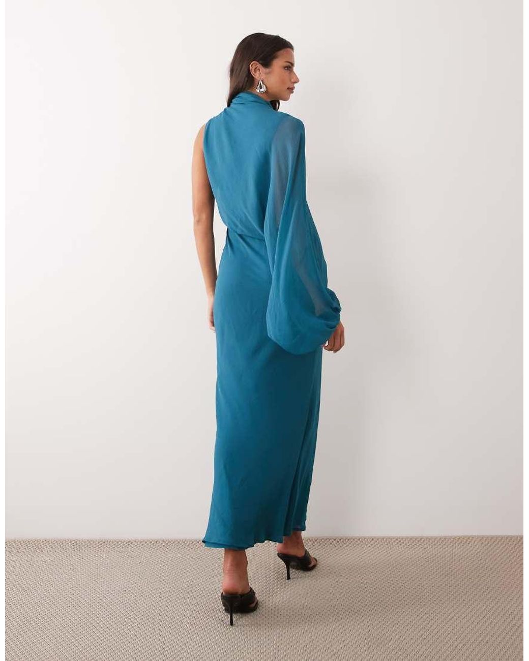 ASOS Blue One Sleeve Blouson Overlay Bias Cut Maxi Dress