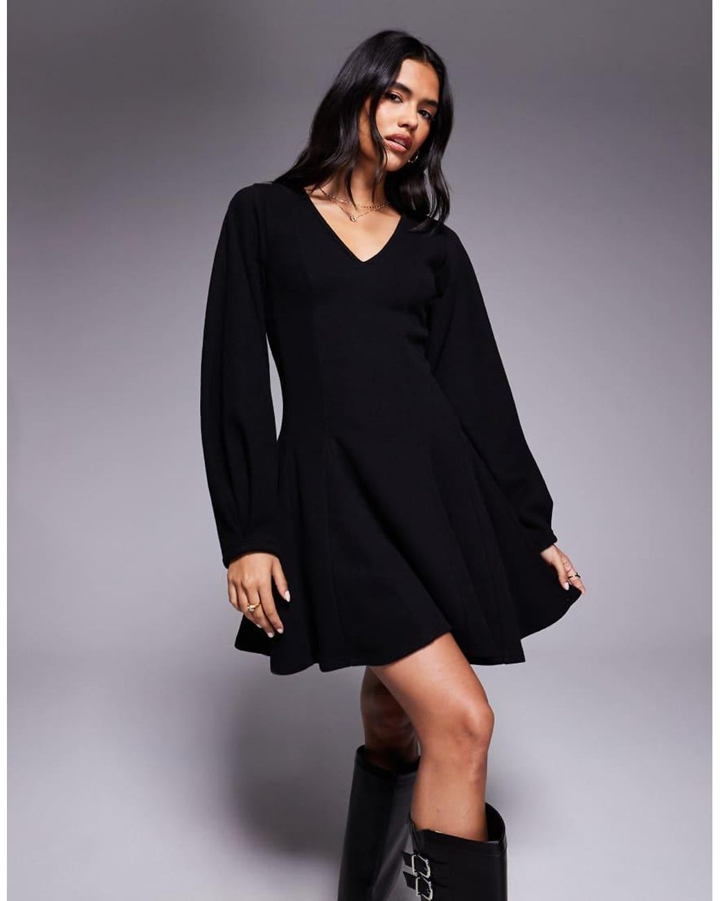 ASOS Black Supersoft V Neck Fit And Flare With Seam Detail Mini Dress