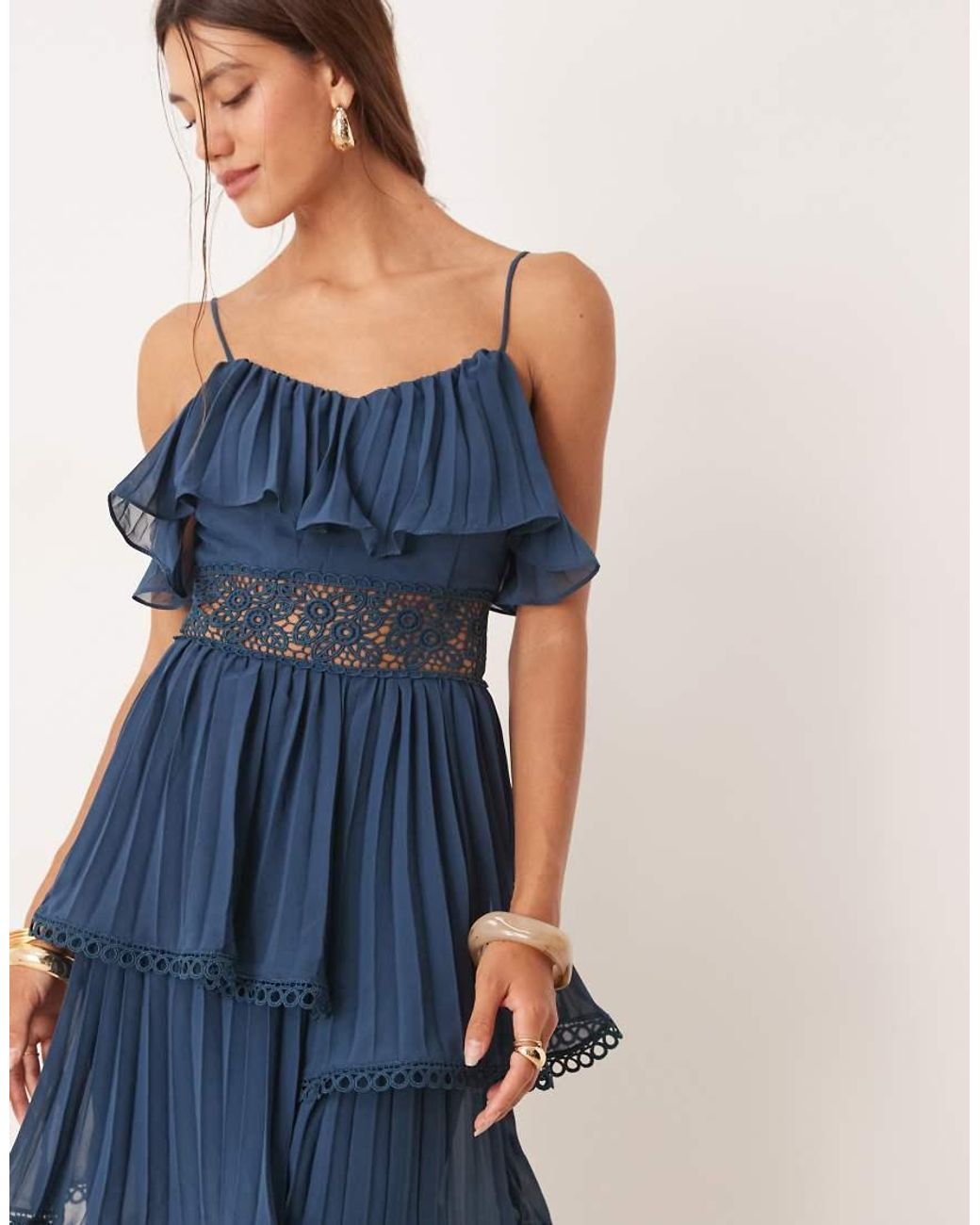 True Decadence Blue Asymmetric Tiered Skirt Midi Dress