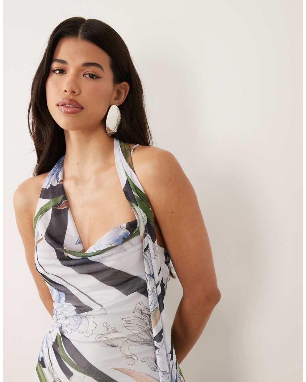 ASOS Natural Cowl Neck Mini Dress With Scarf Detail And Godets