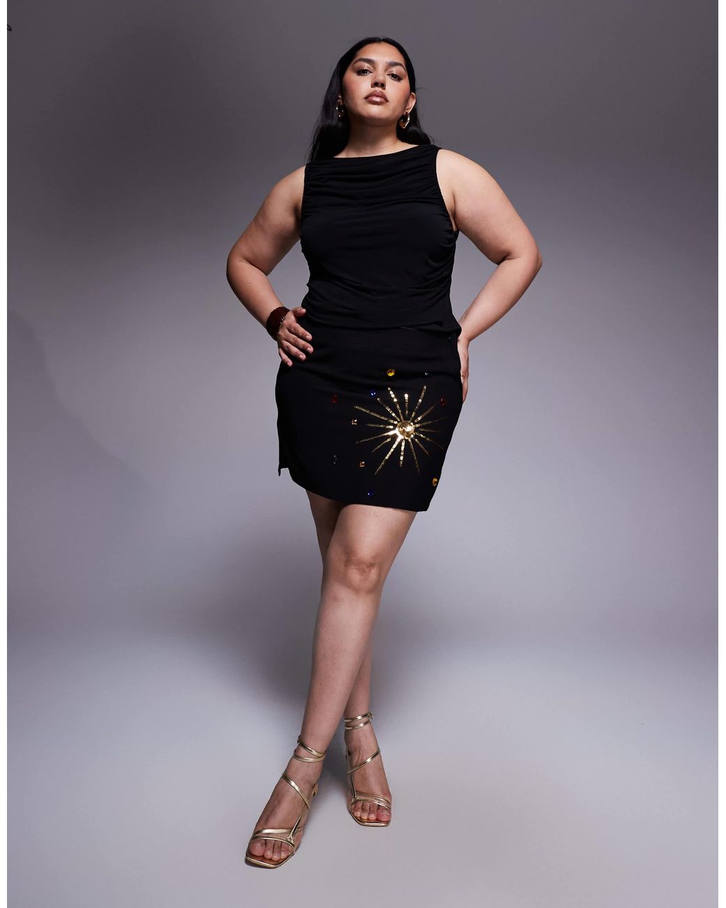 Renee Studio Black Velvet Side Split Celestial Sequin & Gem Mini Skirt