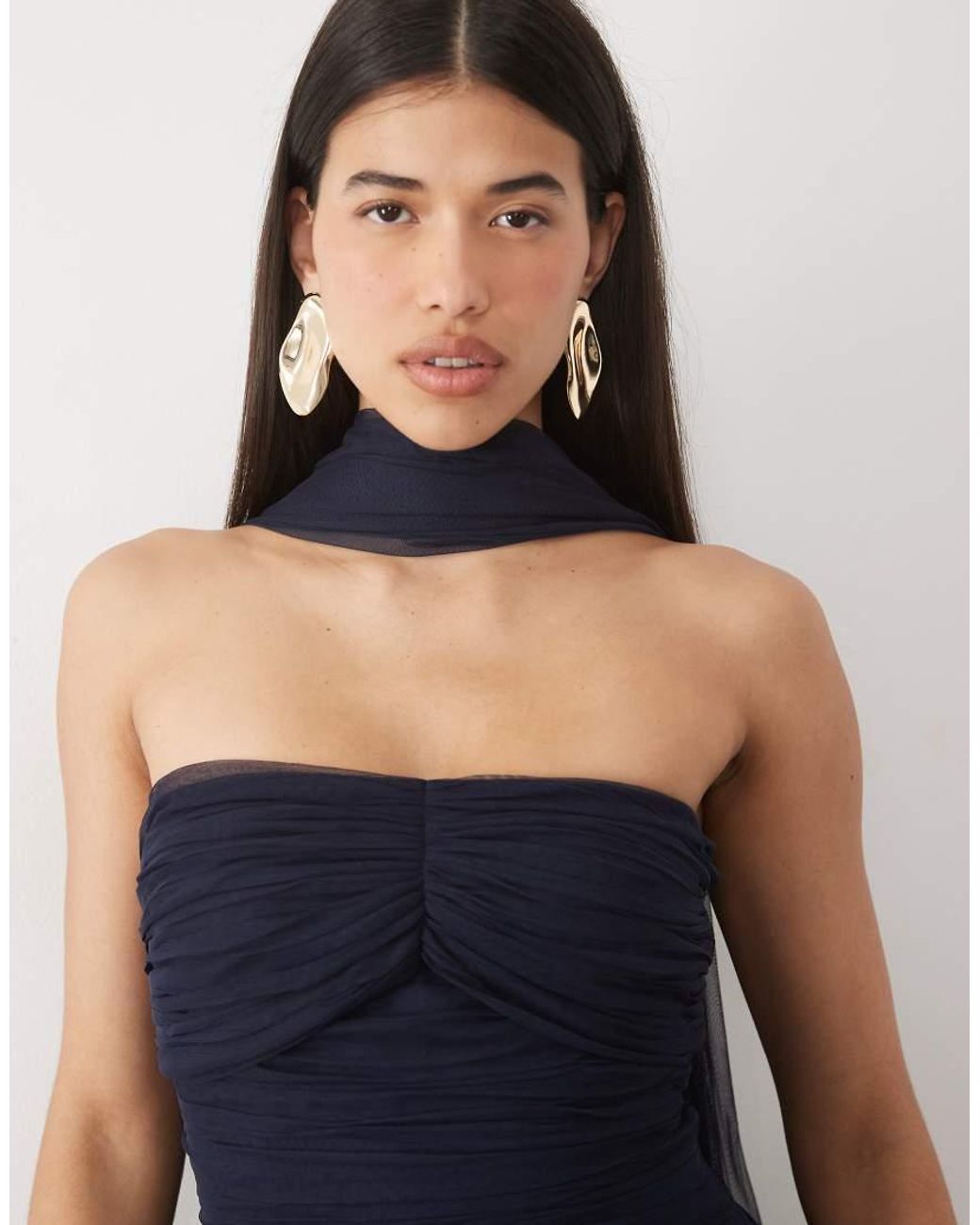 LACE & BEADS Blue Tulle Bandeau Shaped Waistband Scarf Detail Maxi Dress