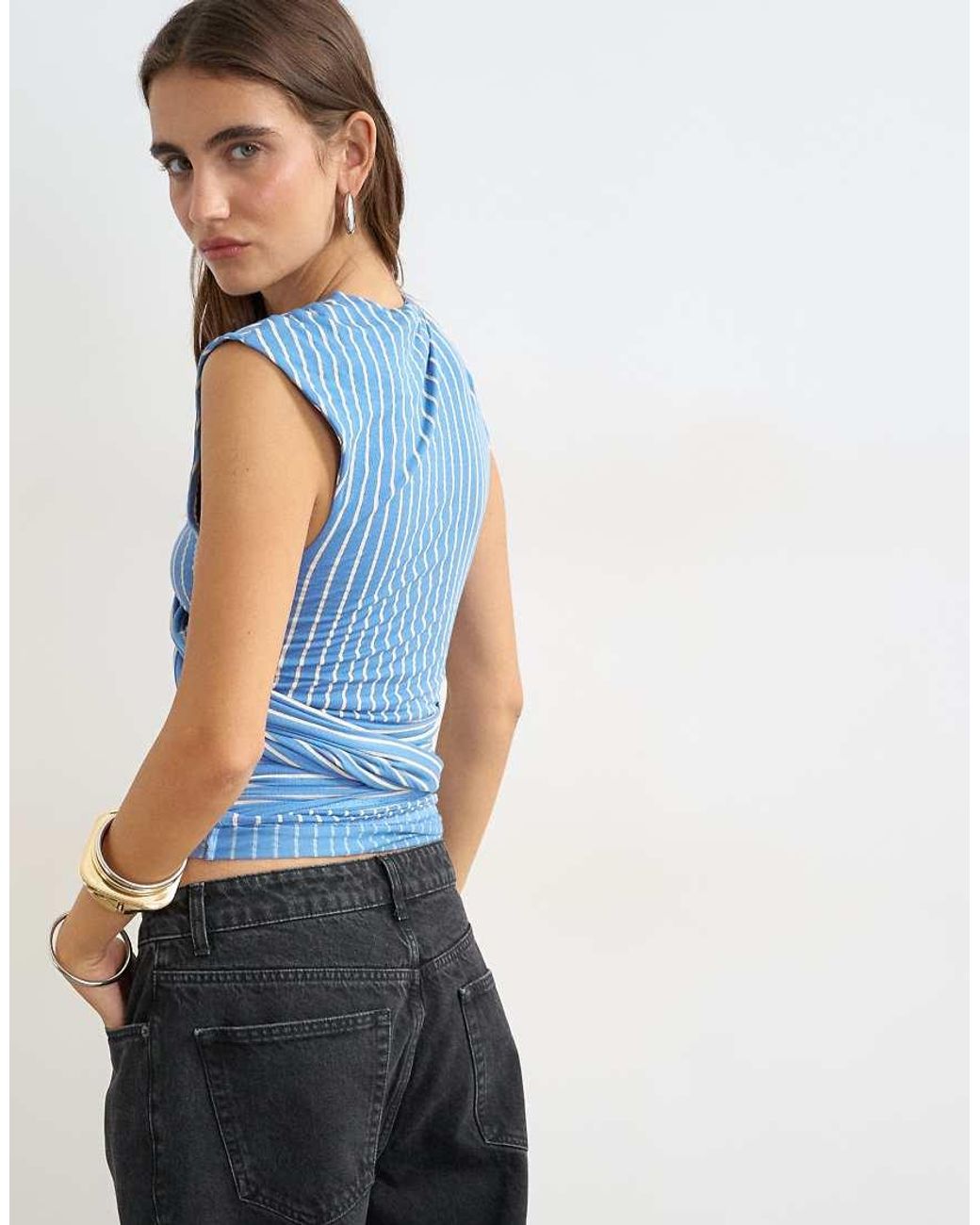 TOPSHOP Blue Stripe Wrap Detail Tee