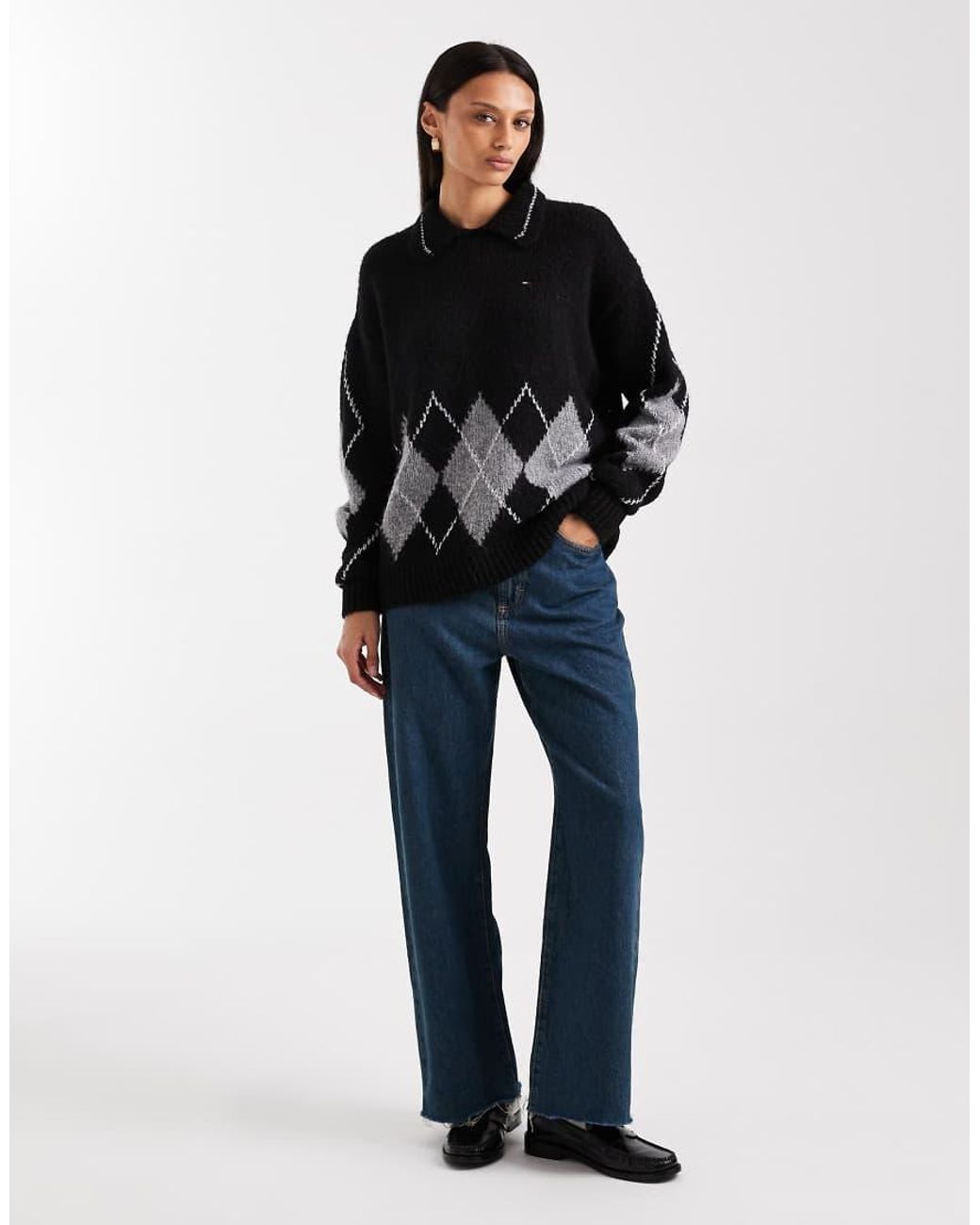 Tommy Hilfiger Black Argyle Knit Polo Jumper