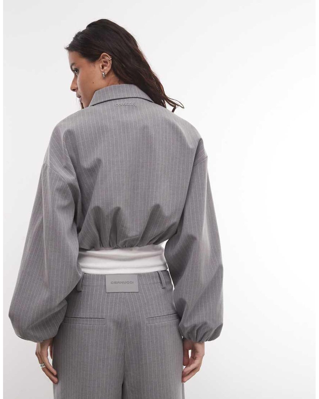 CERNUCCI Gray Pinstripe Collared Bomber Jacket Co-Ord