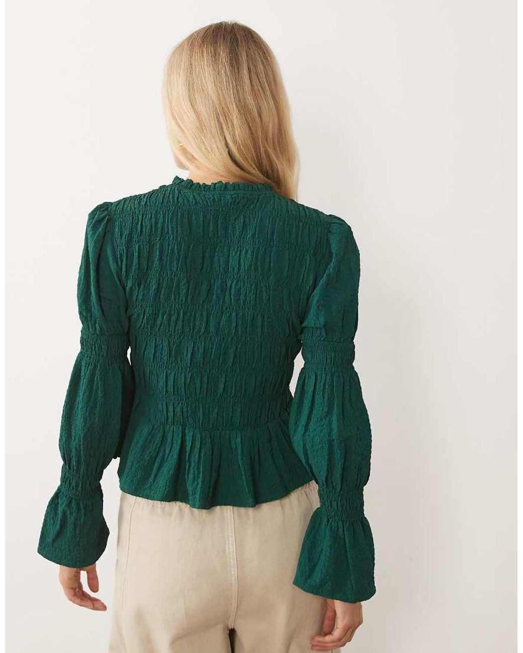 Wednesday's Girl Green Bell Sleeve Shirred Top