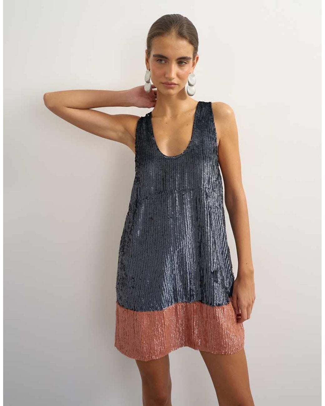 TOPSHOP Blue Premium Sequin Embellished Low Scoop Mini Dress With Contrast Deep