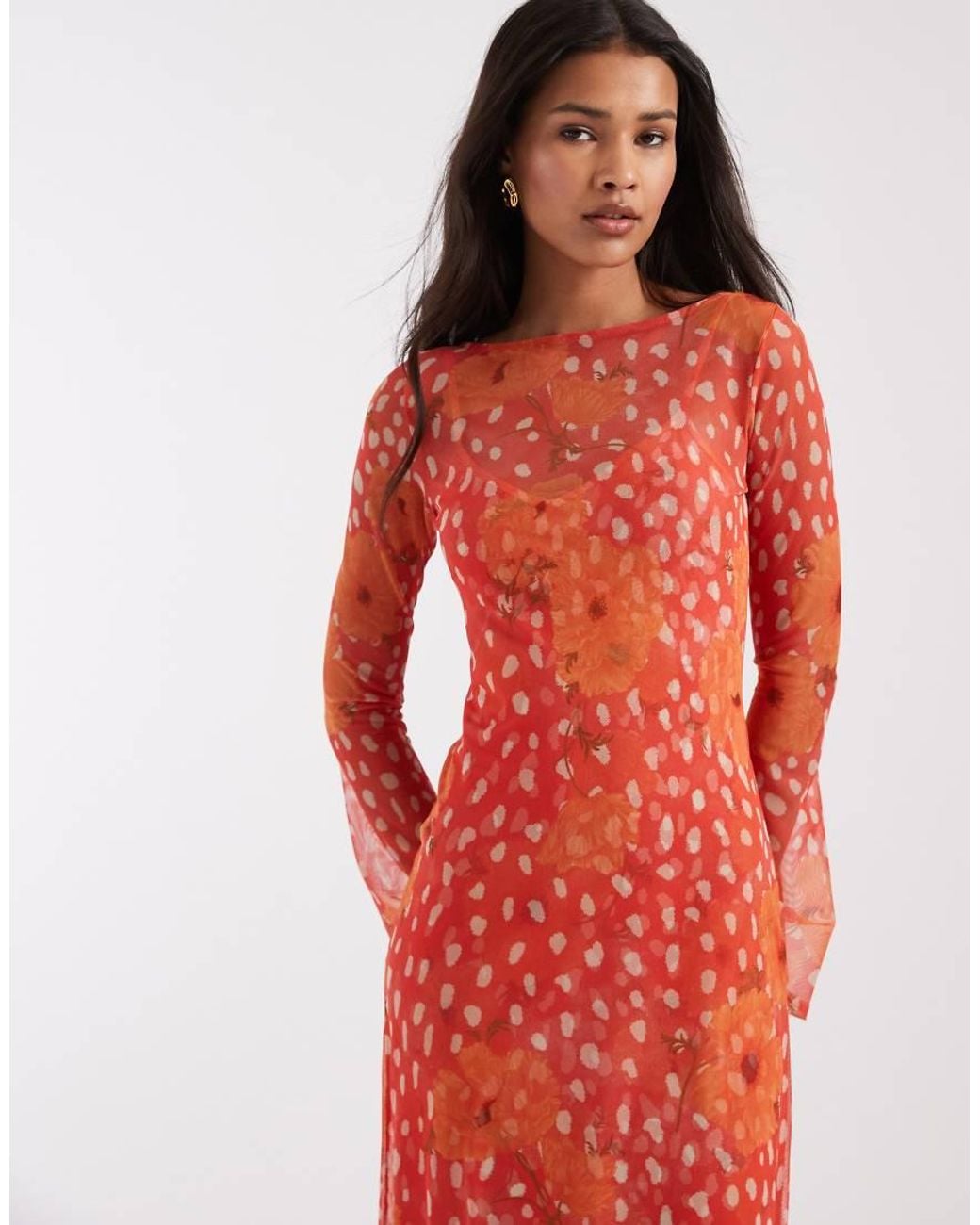 Never Fully Dressed Red Aria Long Sleeved Mesh Maxi Dress