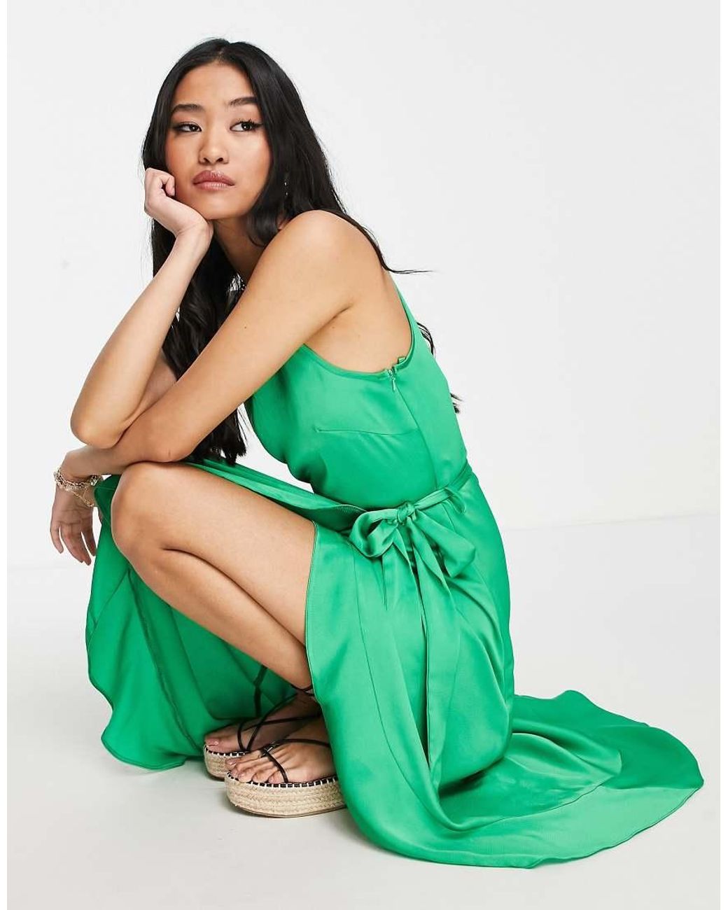New Look Green Square Neck Belted Satin Midi Dress
