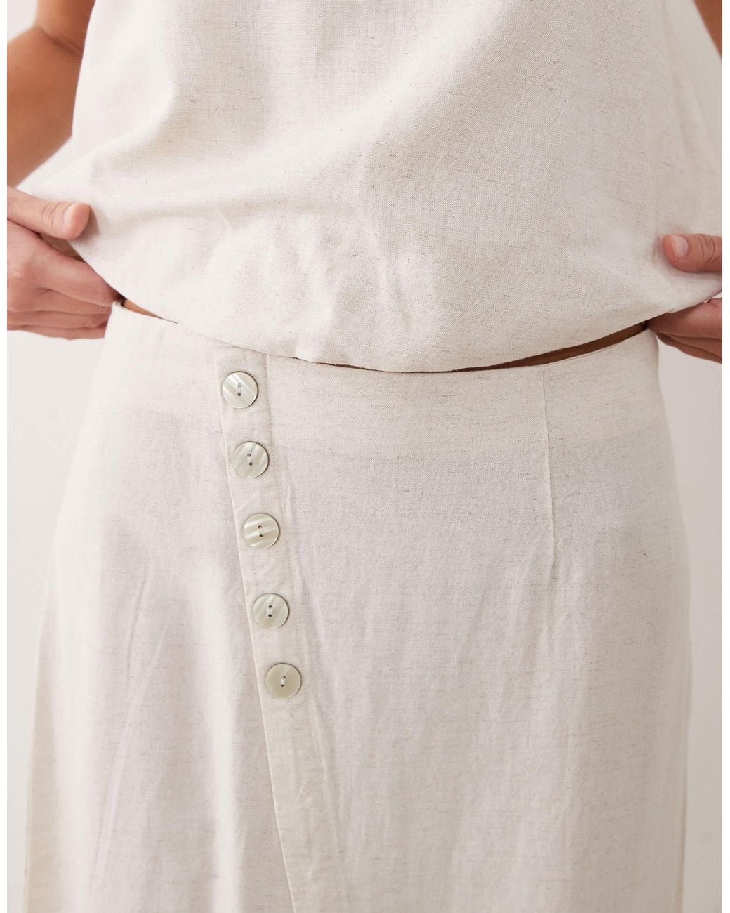 Vila Natural Linen Touch Button Front Midi Skirt