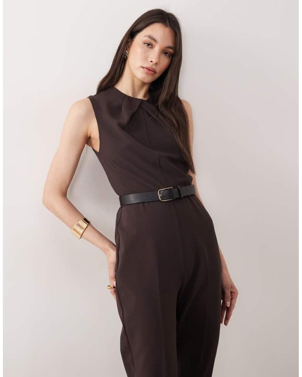 Mango Natural Sleeveless Belted Jumpsuit