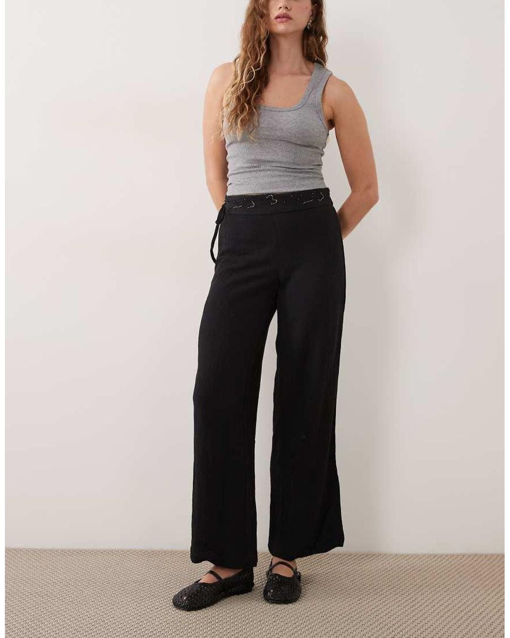 Mango Black Teen Foldover Waist Embroidery Detail Trouser