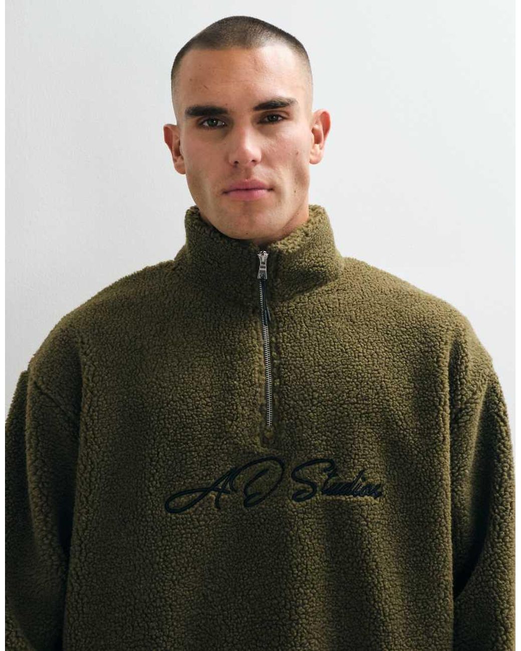 ASOS Green Oversized Quarter Zip Borg Sweatshirt With Embroidery for men