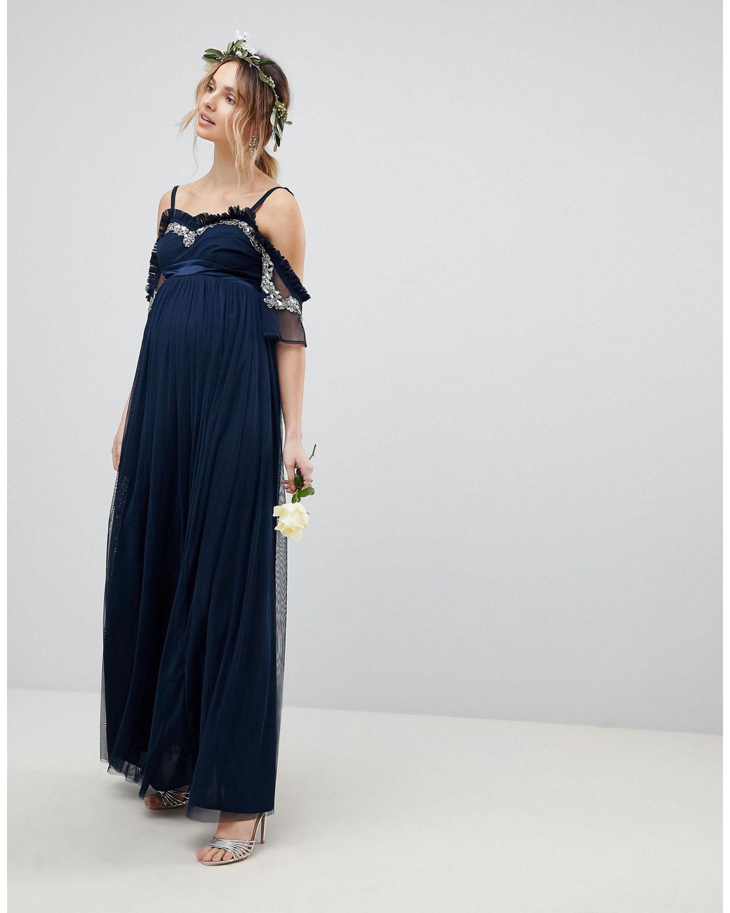 maya embellished v neck ruffle shoulder midi dress