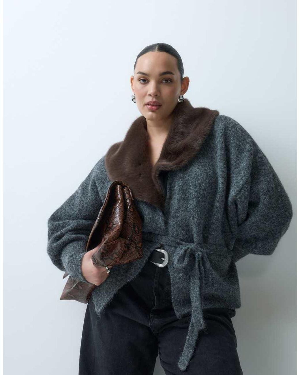 ASOS Black Asos Design Curve Faux Fur Collar Wrap Cardigan