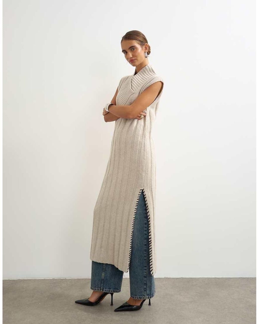 TOPSHOP White Knitted Cable Stitch Long Line Dress