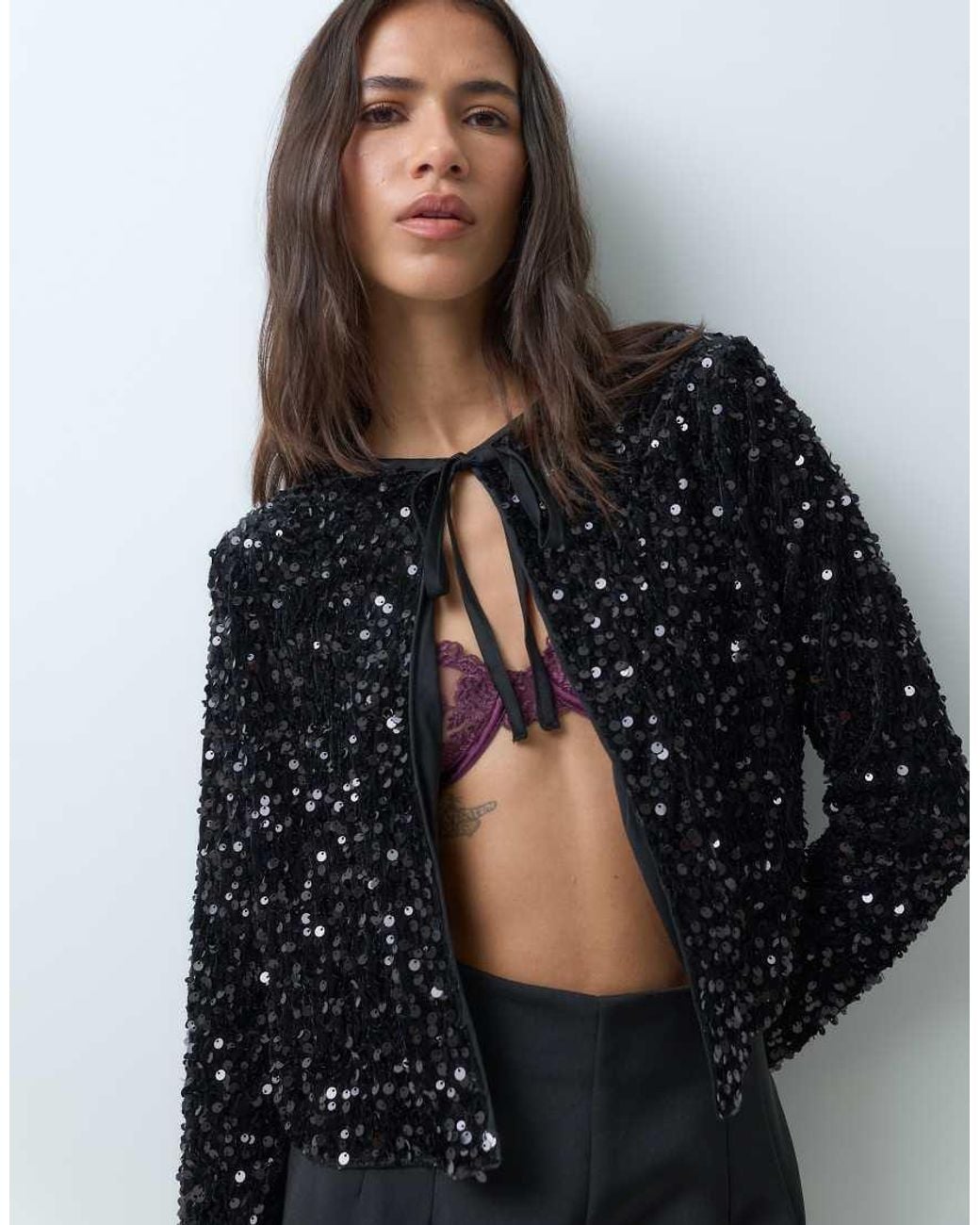 New Look Gray Bow Tie Sequin Top Co-Ord