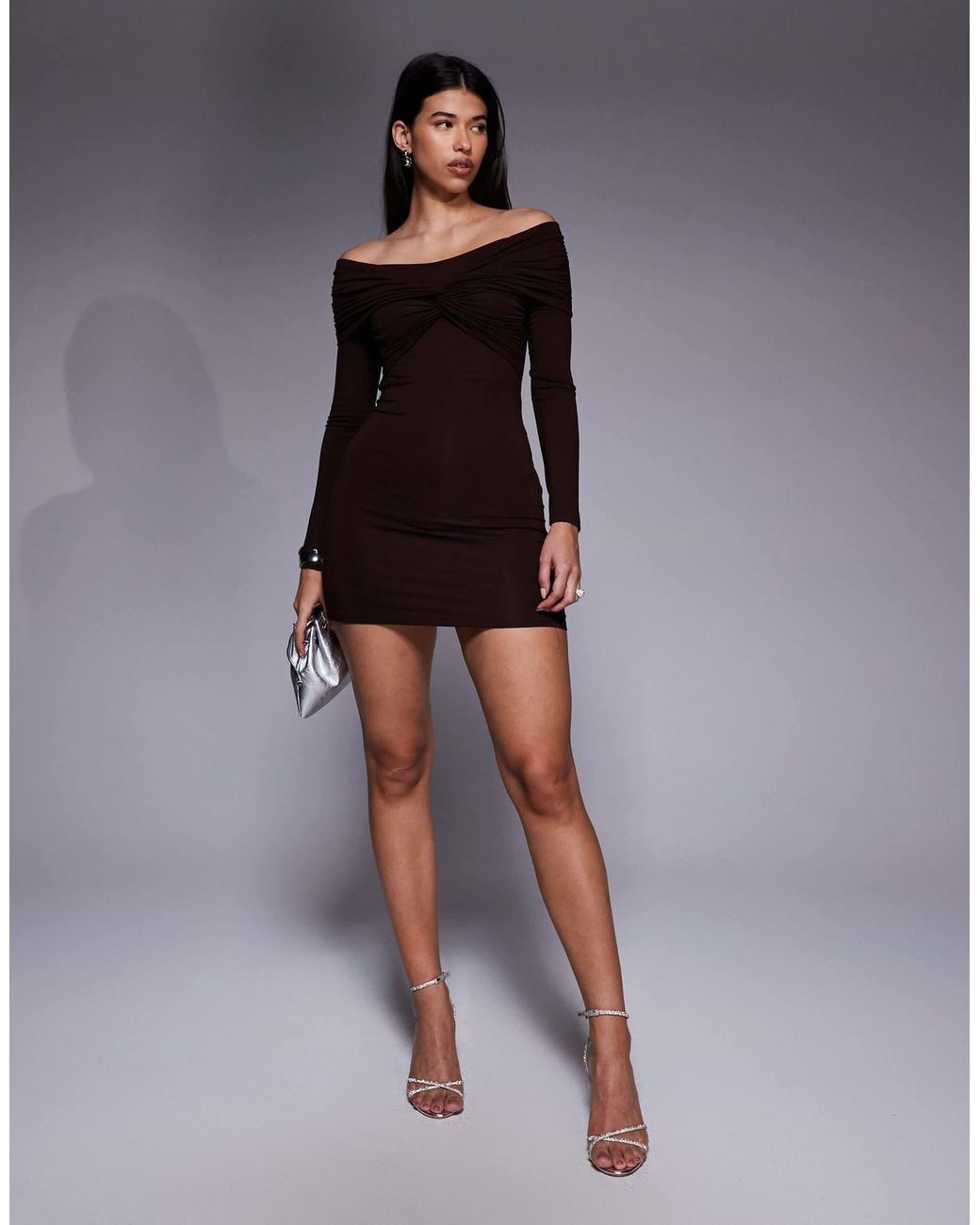 ASOS Off Shoulder Twist Mini Dress With Long Sleeves in Brown | Lyst