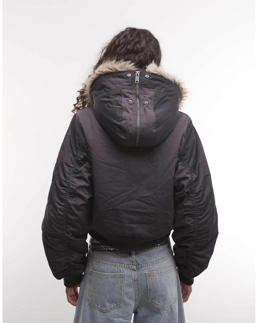 Weekday Gray Cropped Bomber Jacket With Faux Fur Zip Hoodin Dark